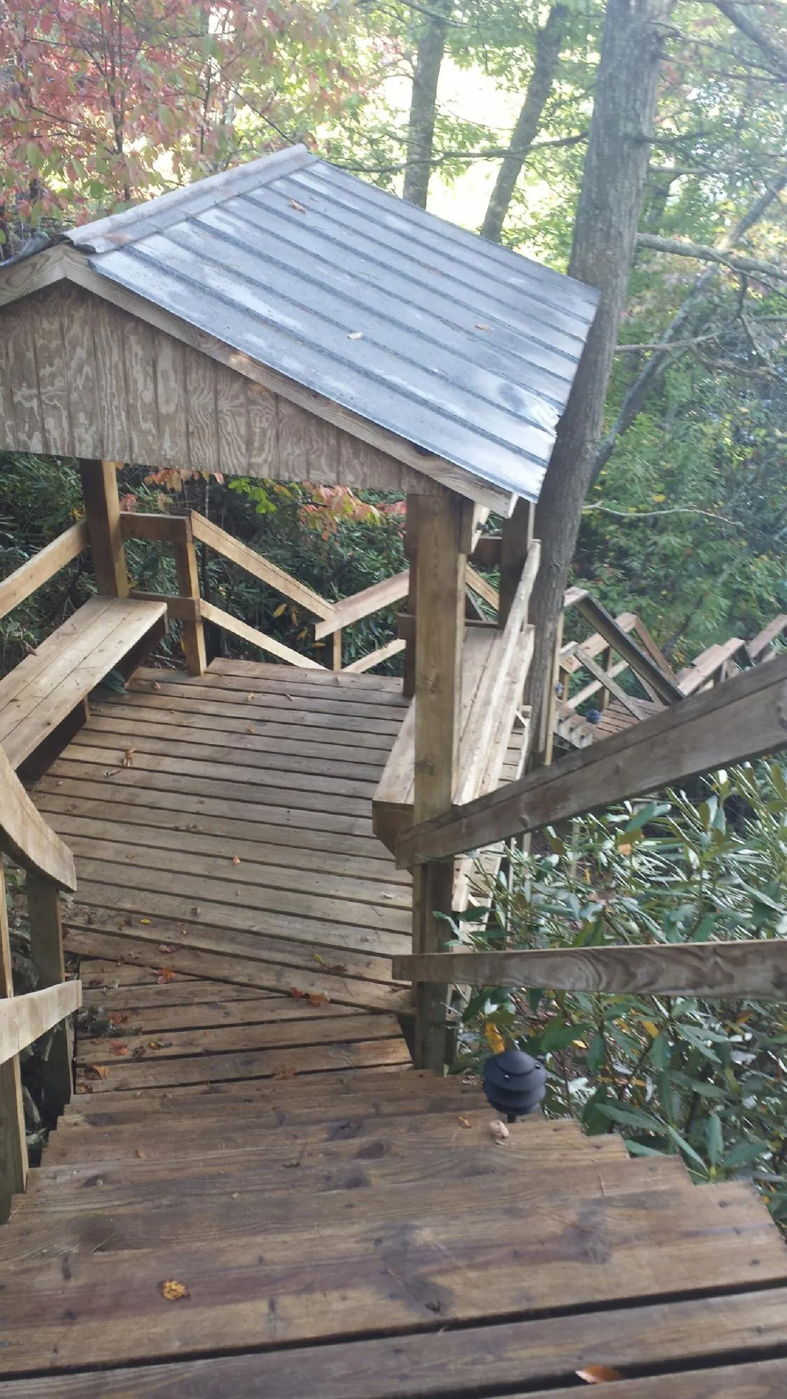 Metal roofed shelter over wooden steps on a wooded walkway — Skylight Repair & Installation work by our crew in Rawlings